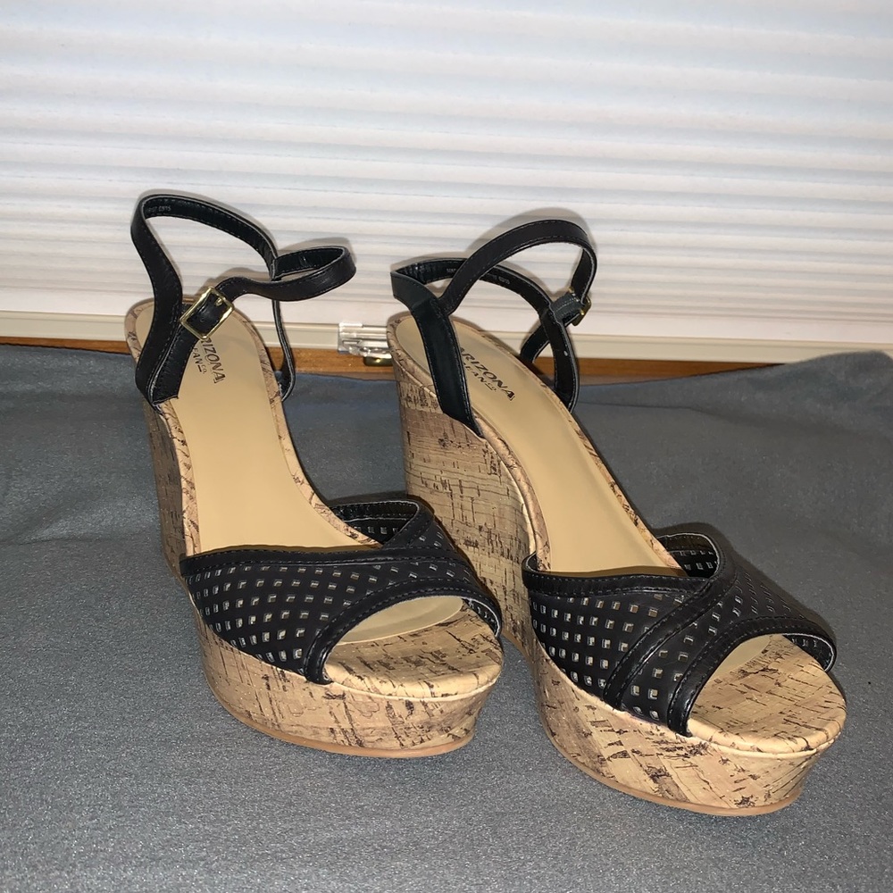 5 inch black & cork wedges size 10